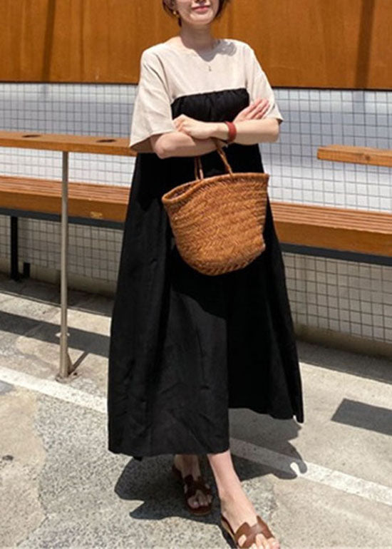 Black Side Open Patchwork Dress Short Sleeve