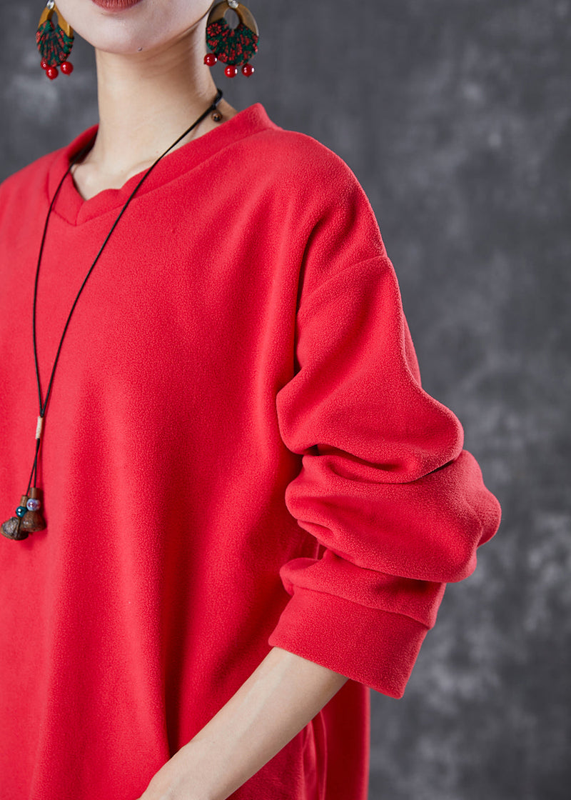 Red Oversized Drawstring Velour Sets 2 Pieces Fall