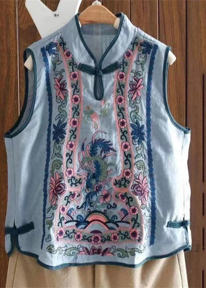 Art Light Blue Stand Collar Embroidered Waistcoat Summer