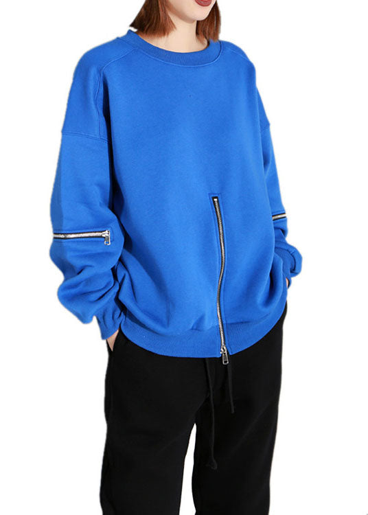 Art Blue O-neck Zippered Loose Fall Pullover Street Wear