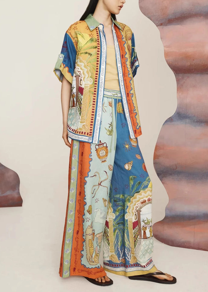 Print Elastic Waist Shirts and Wide Leg Pants Two Pieces Set Short Sleeve