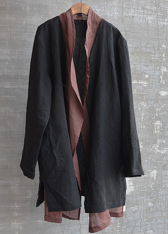 Handmade Black Patchwork Button Fake Two Pieces Linen Shirts Long Sleeve