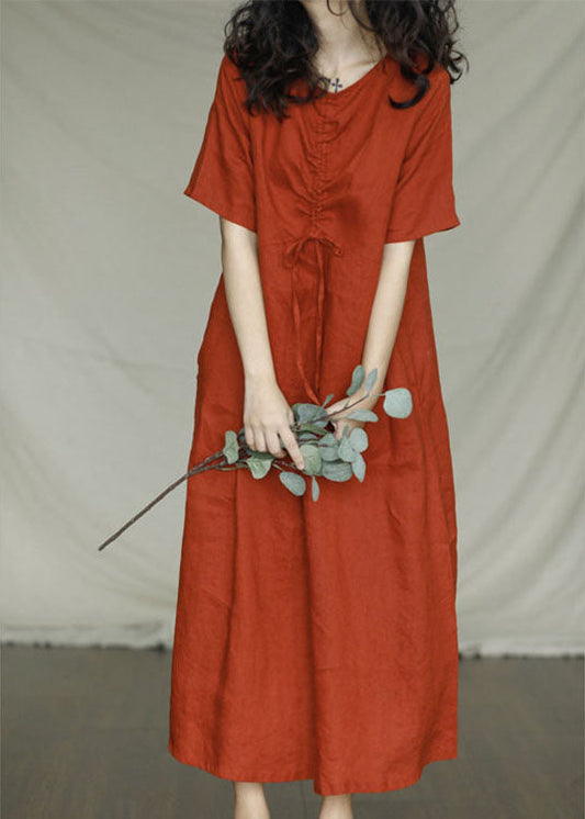 Fitted Orange O-neck Drawstring Linen Dresses Short Sleeve