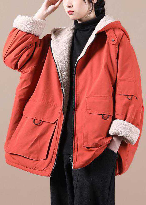Orange Hooded Zippered Pockets Loose Winter Parkas Coat