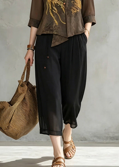 Coffee V Neck Print Chiffon Tops and Crop Pants Fall
