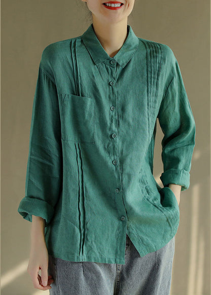 Green Cotton Blend Blouse Tops Button Asymmetrical Design Long Sleeve