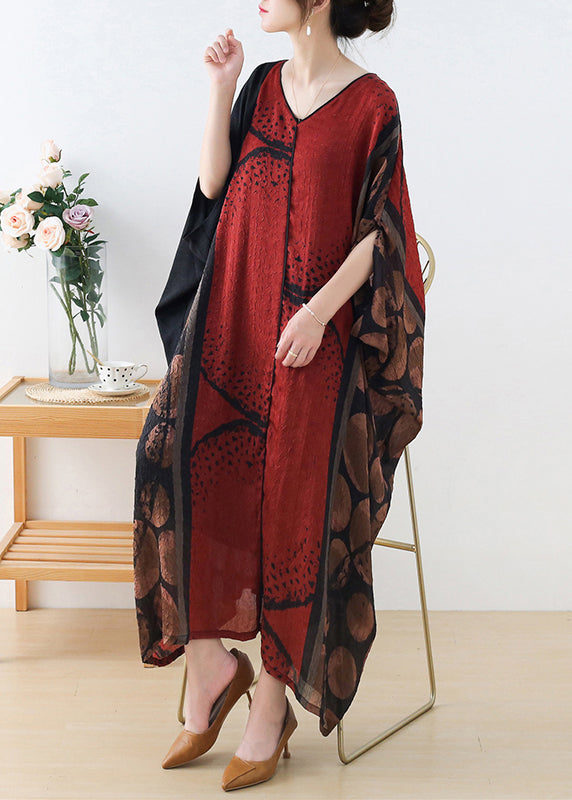 Red V Neck Patchwork Silk Long Dress Batwing Sleeve