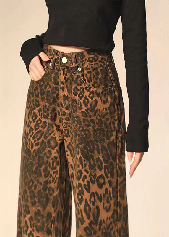 Leopard Print Pockets Denim Straight Pants Spring