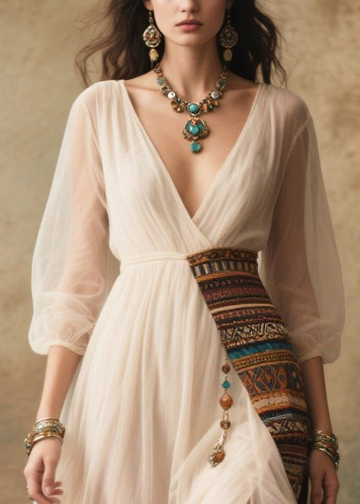 White Tasseled Patchwork Tulle Dresses Summer