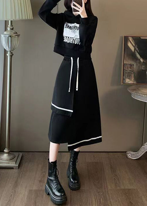 Black Hooded Sweatshirt and Skirts Cotton Two Piece Set Spring