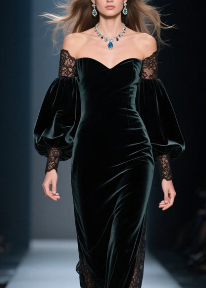 Blackish Green Cold Shoulder Lace Patchwork Velvet Dresses Fall