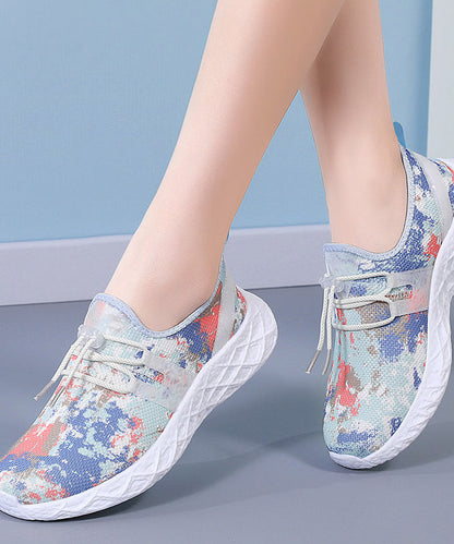 Lace Up Flat Shoes Red Print Knit Fabric