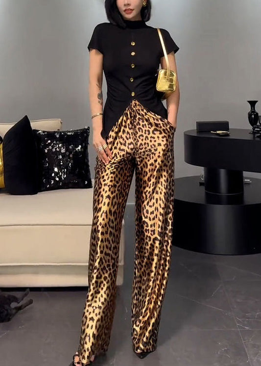 French Wear on Both Sides Tops and Leopard Pants Cotton Two-piece Set Summer