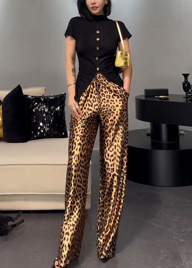 French Wear on Both Sides Tops and Leopard Pants Cotton Two-piece Set Summer