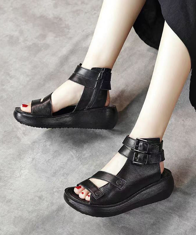 Splicing Wedge Sandals Black Cowhide Leather Peep Toe