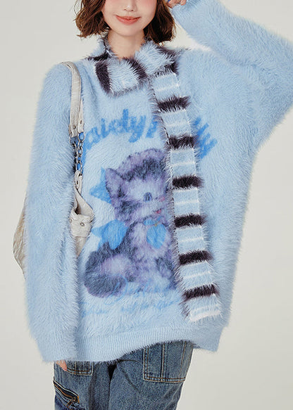 French Blue Oversized Cat Faux Mink Hair Knitted Sweaters Winter