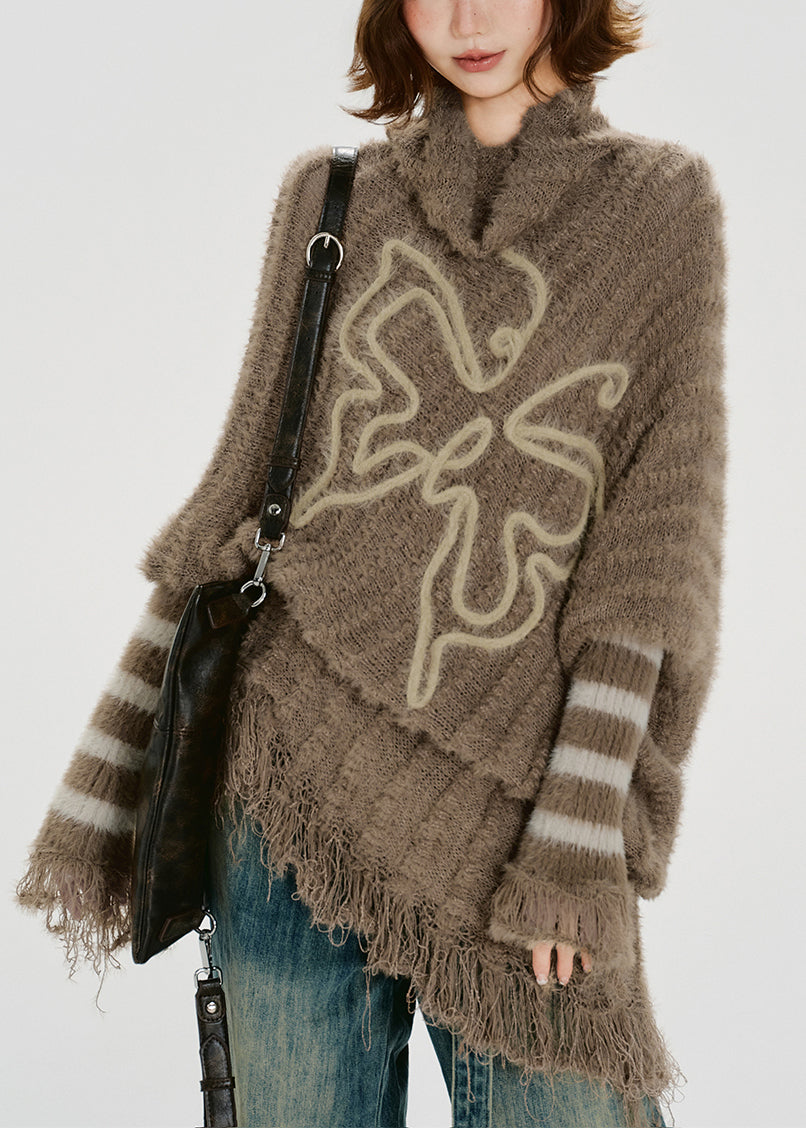 Unique Khaki Turtle Neck Tasseled Knitted Tops Batwing Sleeve Winter