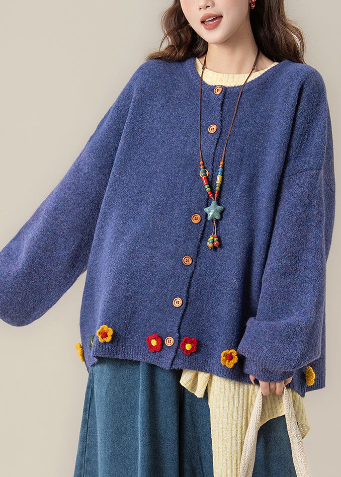 Art Blue O Neck Button Knit Coat Spring