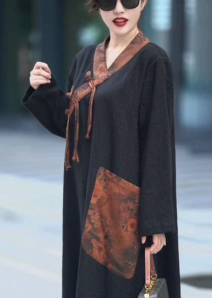 Black V Neck Chinese Button Pockets Cotton Dresses Fall