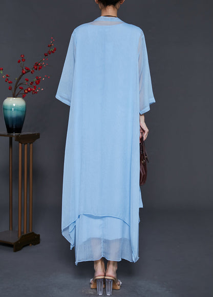 Sky Blue Chiffon Two Piece Set Clothing Embroidered Summer