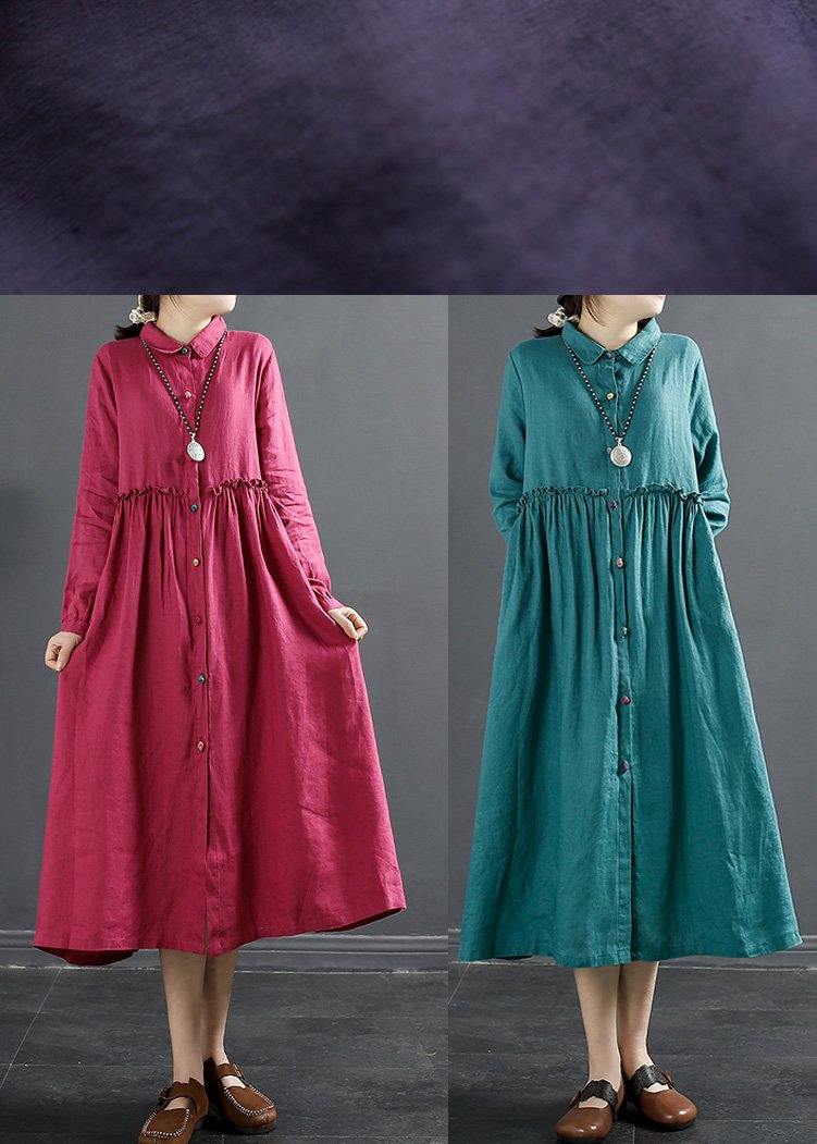 Purple Tunic Pattern Lapel Ruffles Long Dress