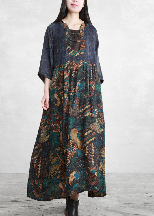 Blue Wrinkled Pockets Patchwork Long Dress Three Quarter Sleeve