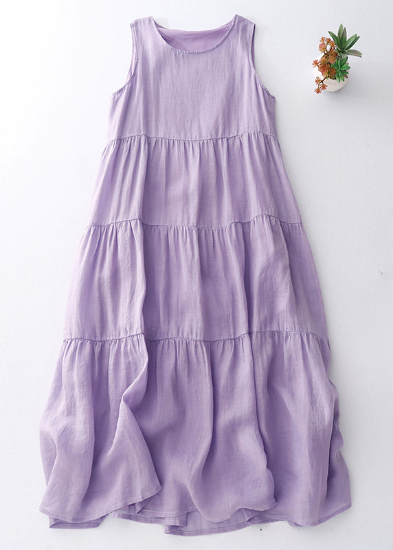 Simple Purple O-neck Cotton Long Dresses Sleeveless