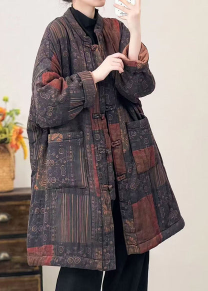 Black Pockets Print Oriental Button Fine Cotton Filled Coat Winter