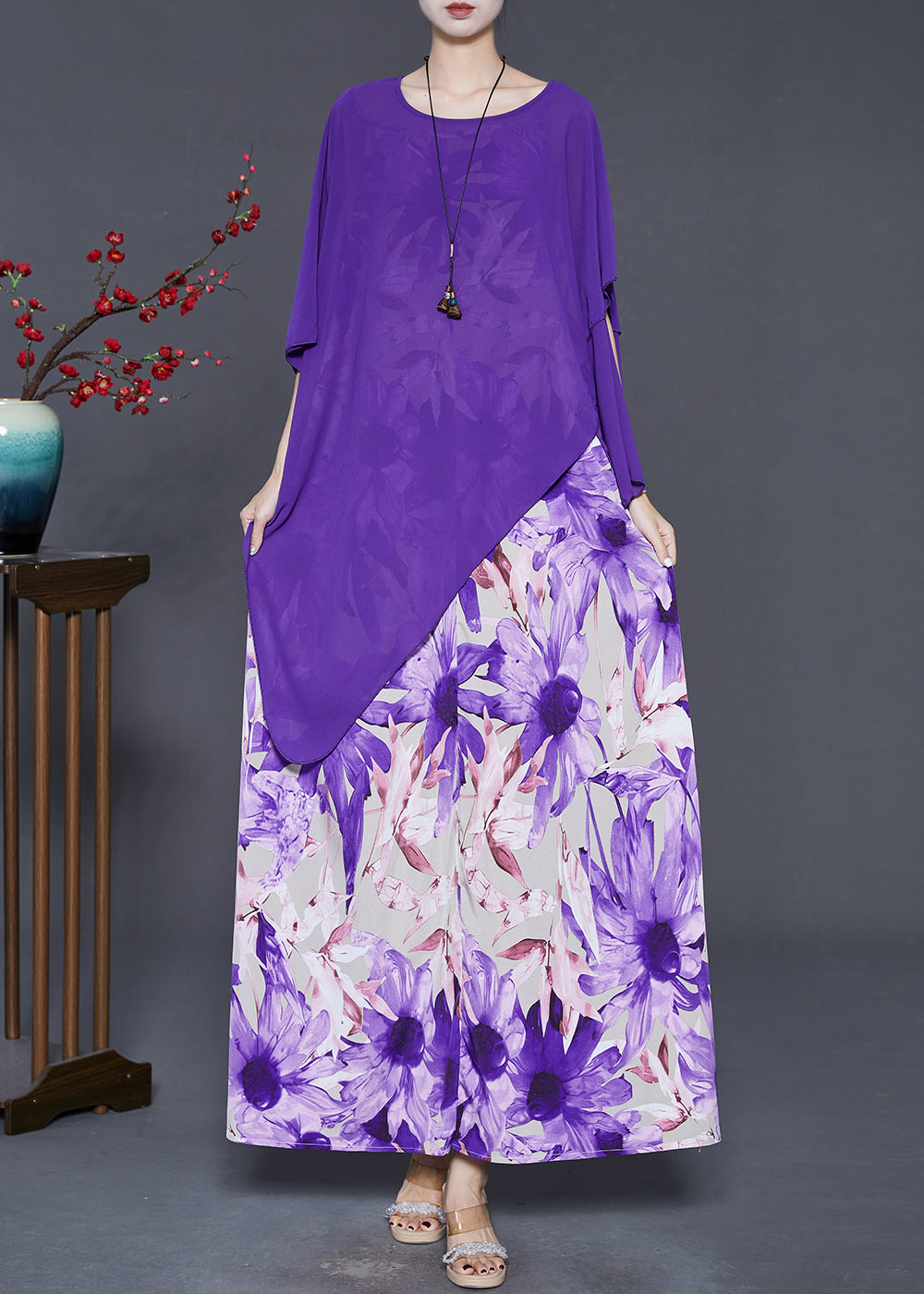 Purple Asymmetrical Print Chiffon Sets 2 Pieces Summer