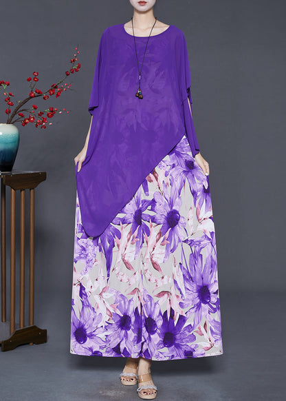 Purple Asymmetrical Print Chiffon Sets 2 Pieces Summer