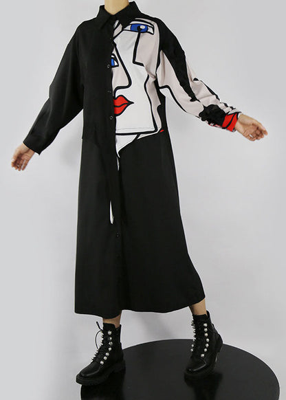 Black Peter Pan Collar Button Print Shirt Dress Spring