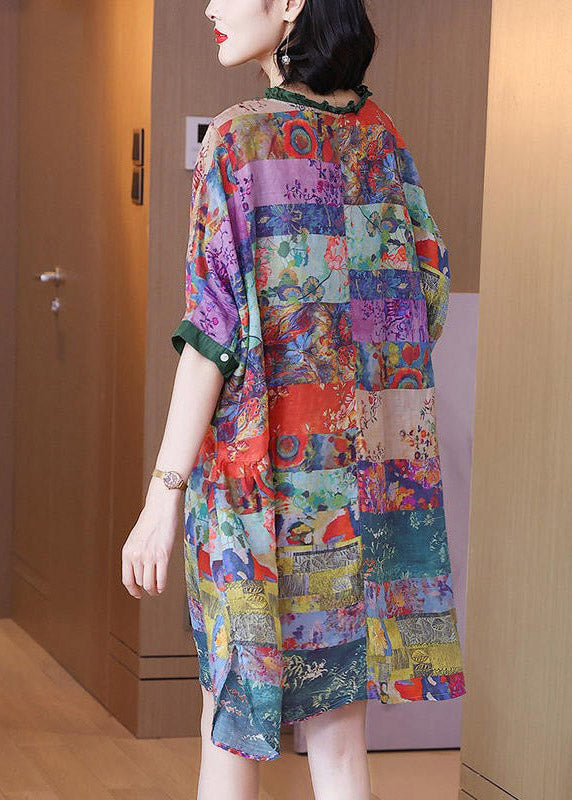 Ruffled Print Button Side Open Linen Vacation Dresses Half Sleeve