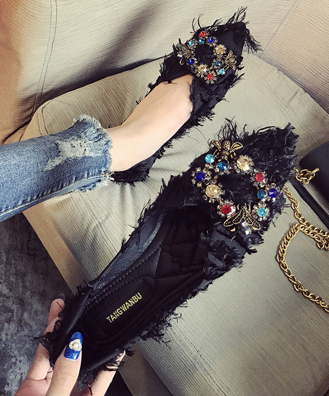 Black Flats Splicing Pointed Toe Sequined Zircon