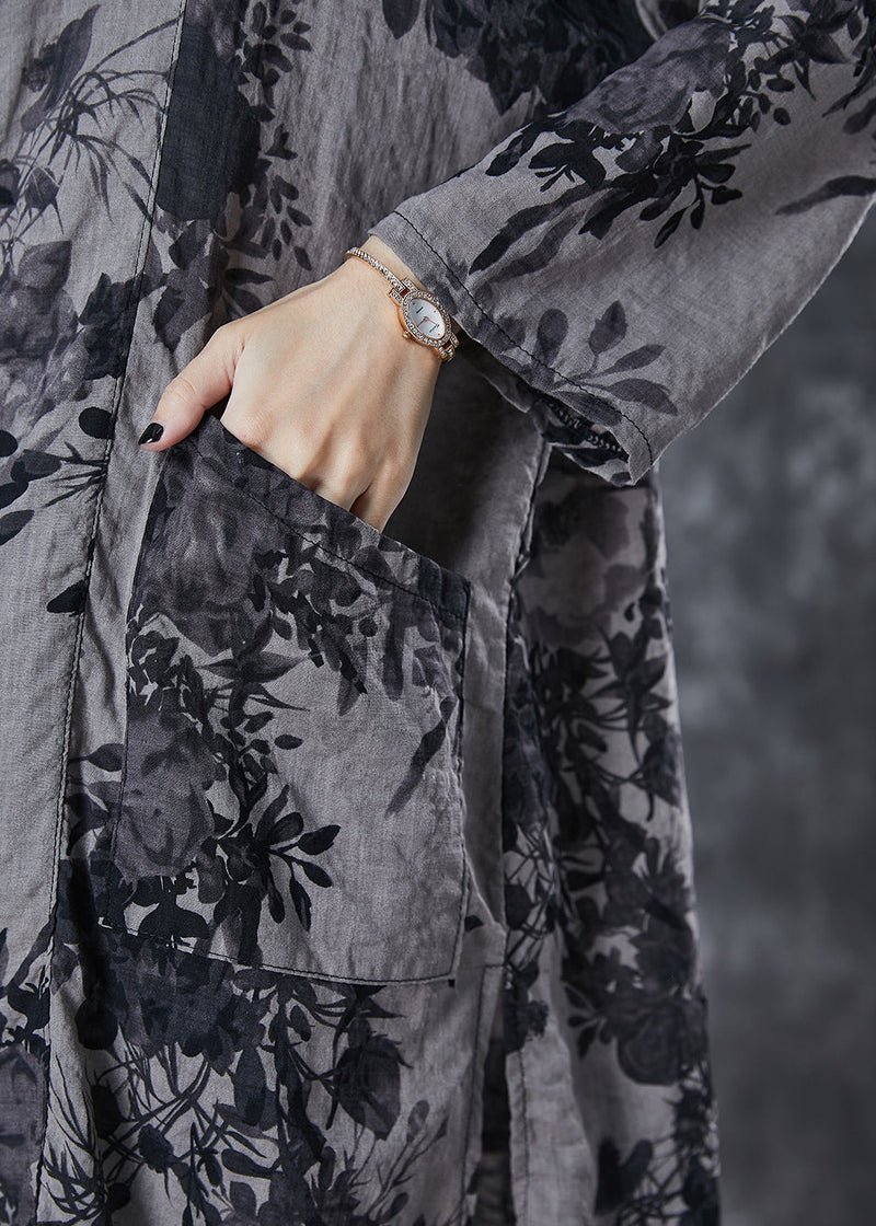 Diy Grey Oversized Print Cotton Long Shirt Summer