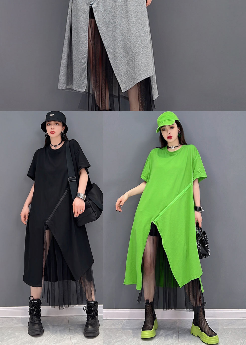 Handmade Grey O-neck Tulle Patchwork Cotton Dresses Short Sleeve
