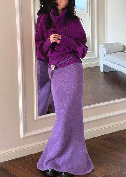 Yellow Turtleneck Patchwork Cotton Knit Sweater and Maxi Skirts Two Piece Set Fall