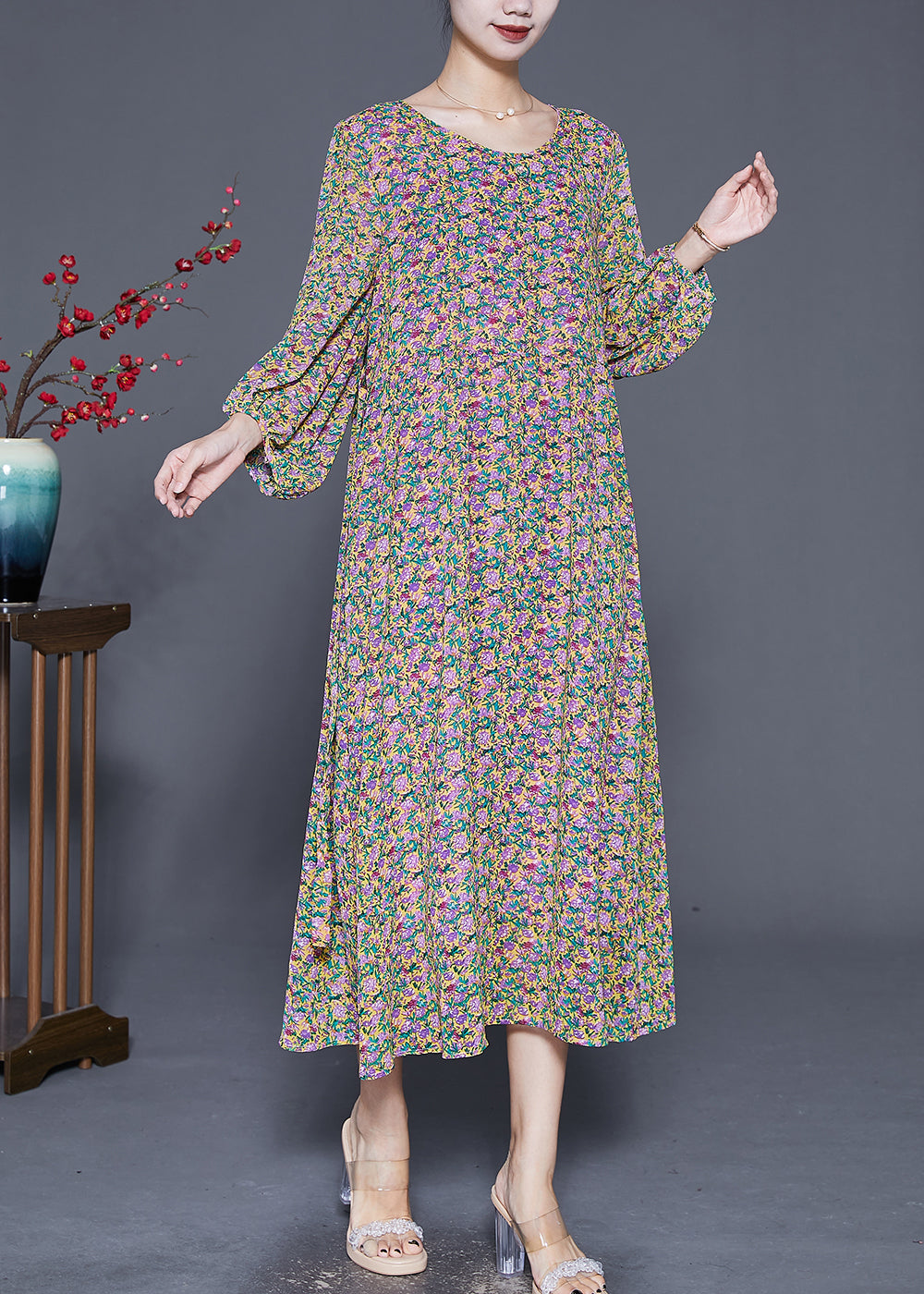 Print Tie Waist Chiffon Holiday Dress Bracelet Sleeve