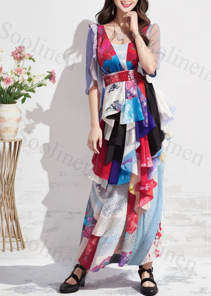 Print Asymmetrical Patchwork Silk Ankle Dress Summer