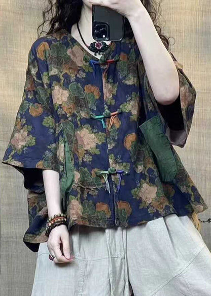 Blue Button Print Linen Blouse Half Sleeve