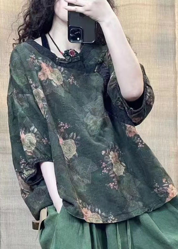 Red O Neck Print Oriental Button Linen Shirts Bracelet Sleeve