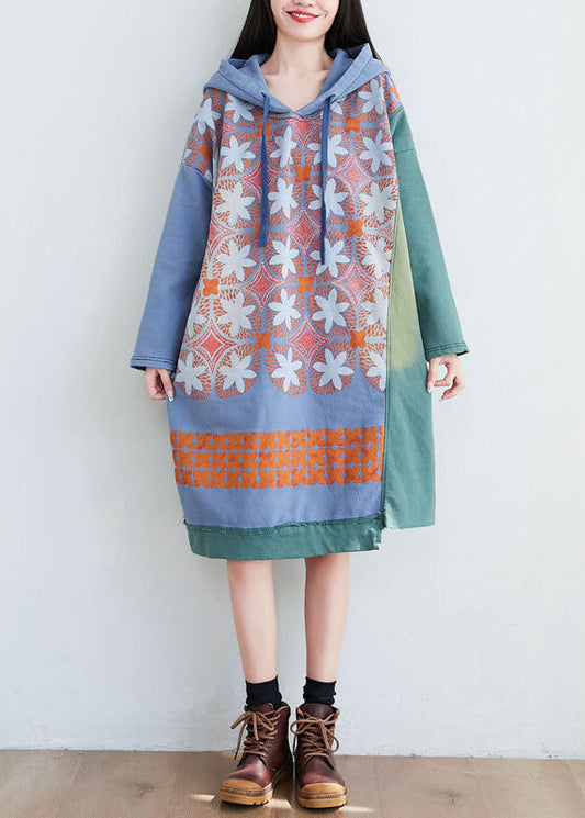 Green Hooded Print Cotton Mid Dresses Spring