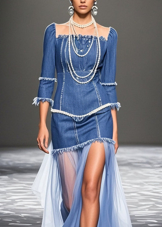 Blue Ruffled Patchwork Denim Dresses Summer