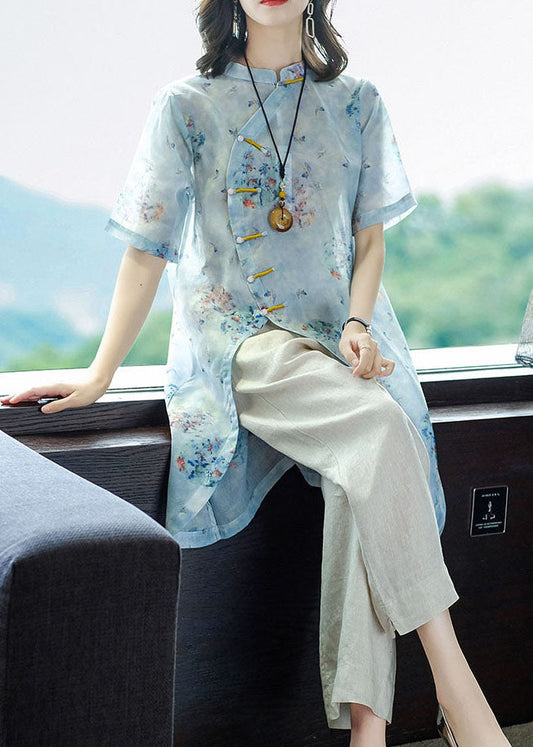 Light Blue Mandarin Collar Asymmetrical Design Print Linen Tops and Pants 2 Piece Outfit Summer