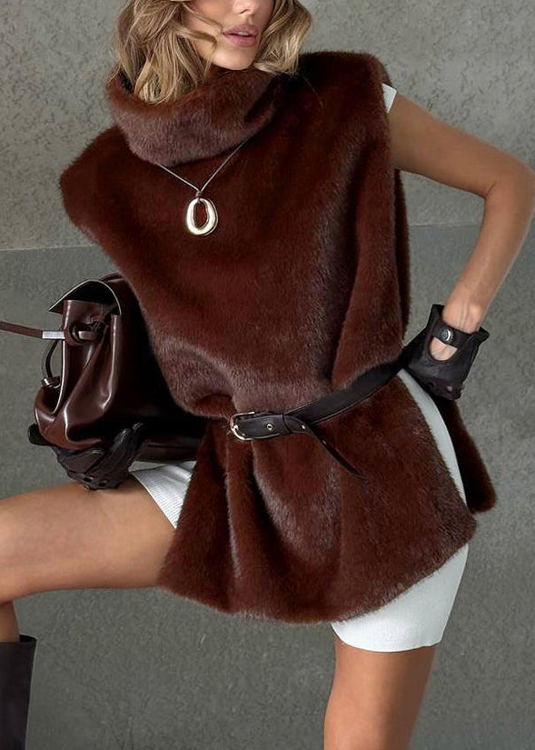 Fine Coffee Turtleneck Side Open Fluffy Waistcoat Sleeveless