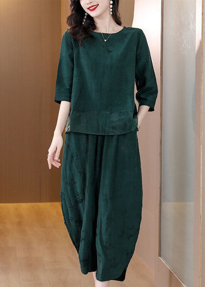 Green Oversized Patchwork Linen Two Pieces Set Spring