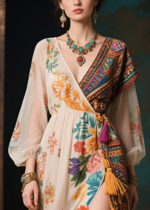 Style Colorblock Tasseled Side Open Chiffon Dress Summer