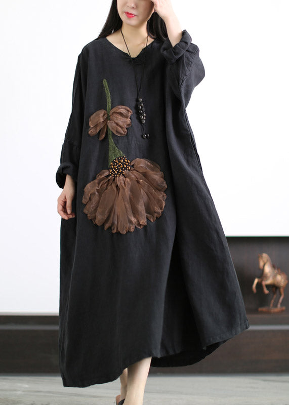 Black V Neck Embroideried Linen Dress Long Sleeve