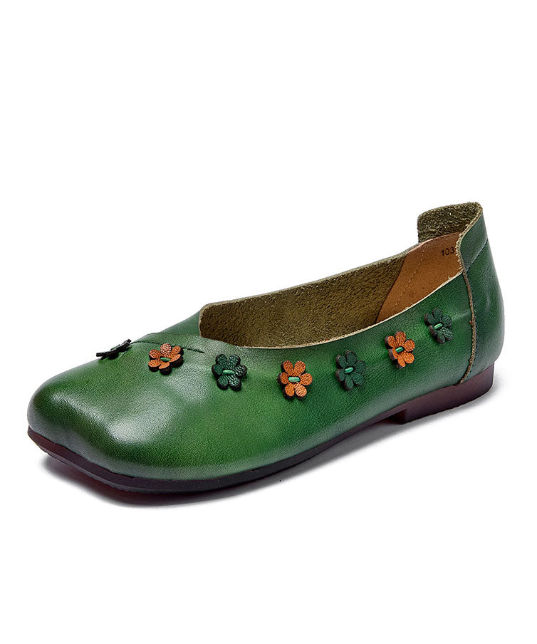 Splicing Flats Green Cowhide Leather