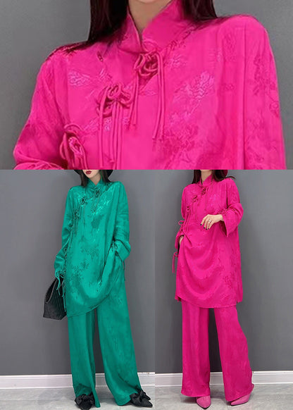 Green Stand Collar Jacquard Silk Sets 2 Pieces Long Sleeve Fall