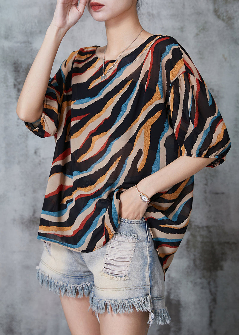 Khaki Oversized Striped Chiffon Tops Summer